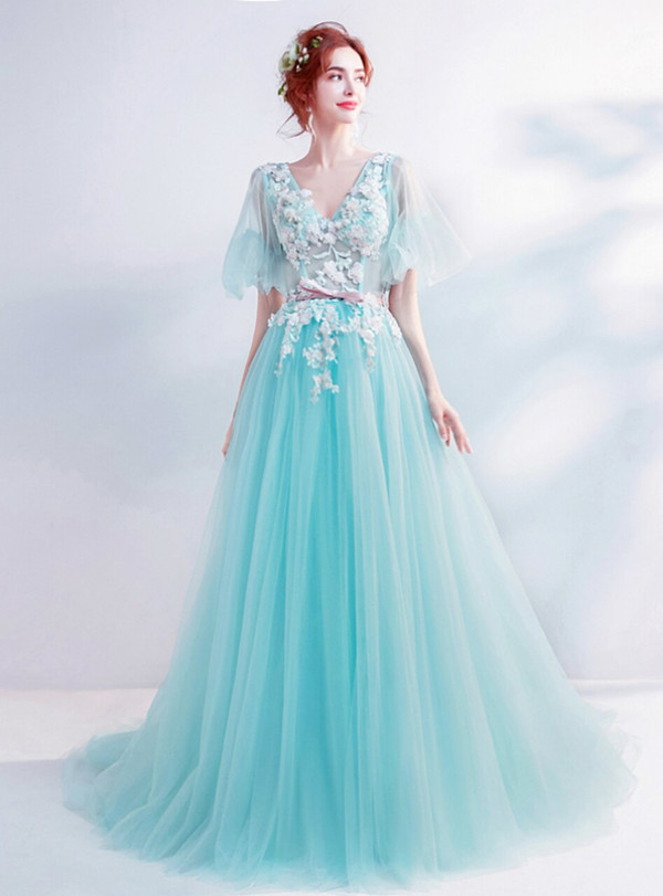 Wonderful In Stock:Ship in 48 Hours Sexy Blue Tulle V-neck Appliques Prom Dress With Bow