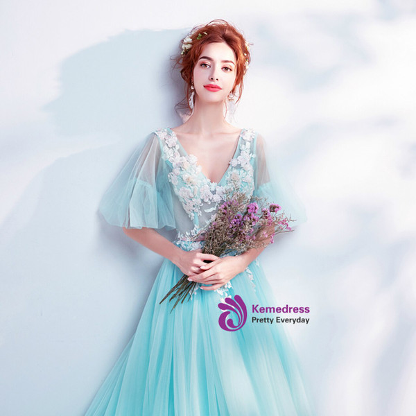 Wonderful In Stock:Ship in 48 Hours Sexy Blue Tulle V-neck Appliques Prom Dress With Bow