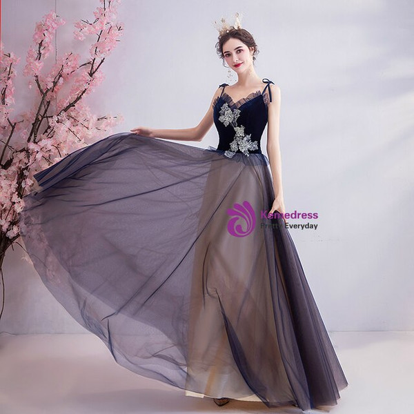 Queenly In Stock:Ship in 48 Hours Simple Dark Blue Tulle V-neck Appliques Prom Dress