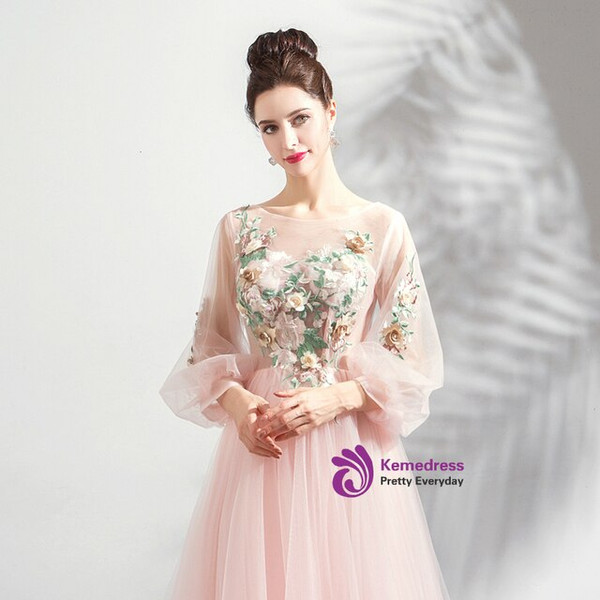 Princess In Stock:Ship in 48 Hours Pink Tulle Appliques Long Sleeve Backless Prom Dress