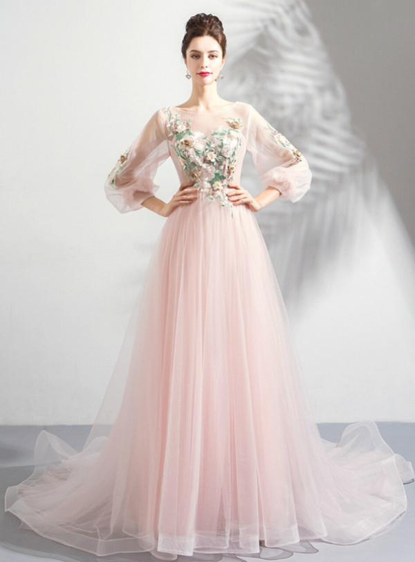 Princess In Stock:Ship in 48 Hours Pink Tulle Appliques Long Sleeve Backless Prom Dress