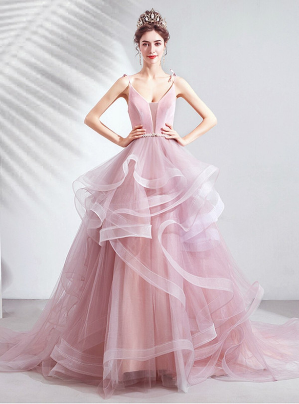 Elegance In Stock:Ship in 48 Hours Pink Ball Gown Tulle Spagehtti Straps Prom Dress 