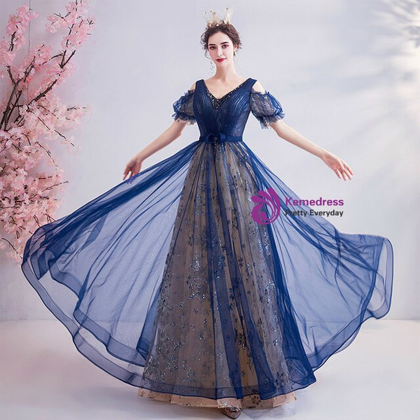 Elegance In Stock:Ship in 48 Hours Blue Tulle Sequins V-neck Beading Pleats Prom Dress