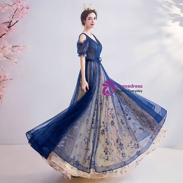 Elegance In Stock:Ship in 48 Hours Blue Tulle Sequins V-neck Beading Pleats Prom Dress