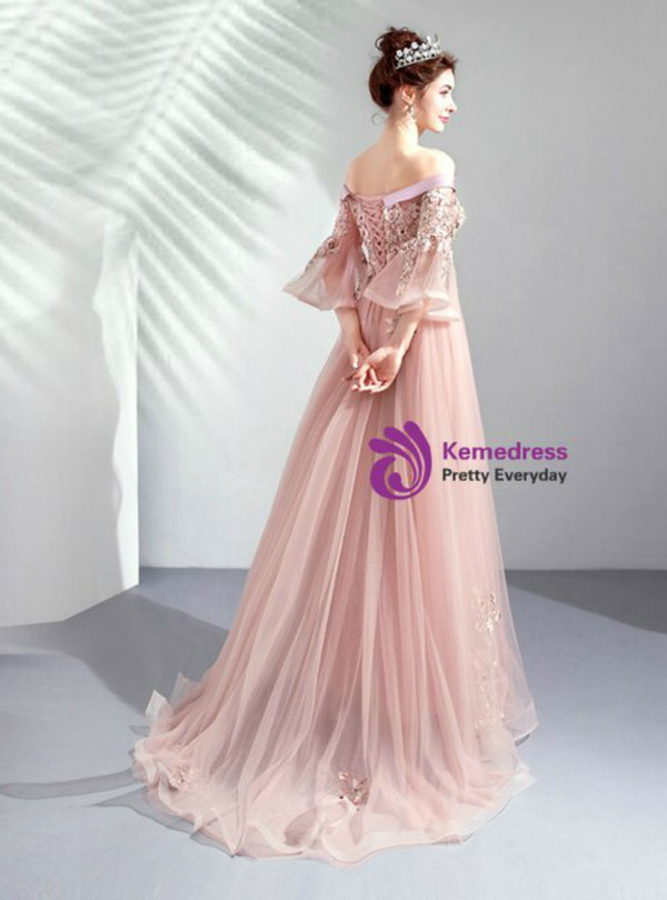 Advanced In Stock:Ship in 48 Hours Pink Tulle Embroidery Short Sleeve Off ther Shoulder Prom Dress