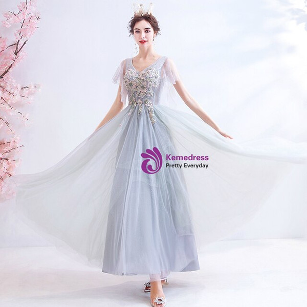 Cheap In Stock:Ship in 48 Hours Fashion Gray Tulle V-neck Beading Formal Prom Dress