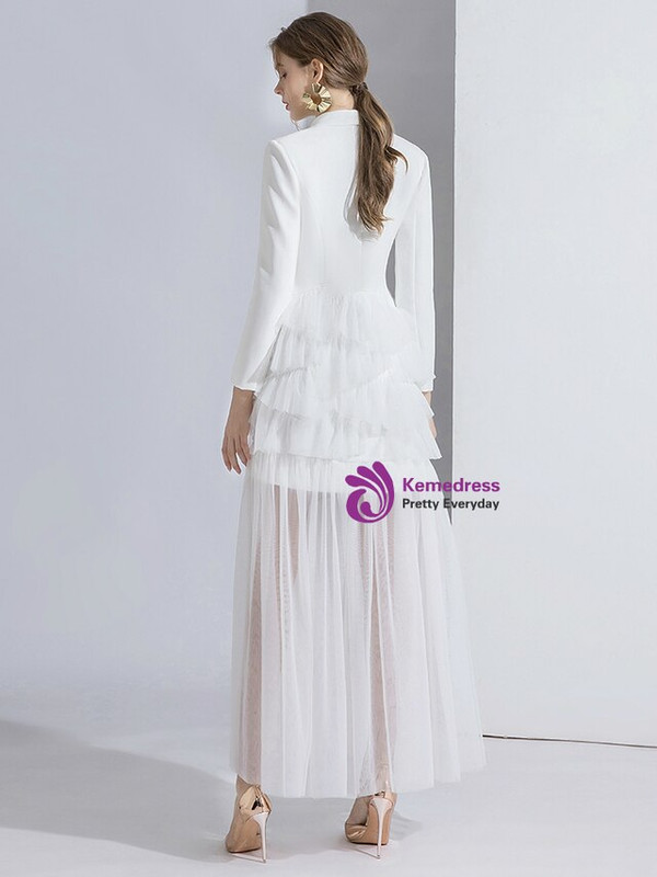 Sweet White V-neck Suit Long Sleeve Tulle Long Sleeve Evening Dress