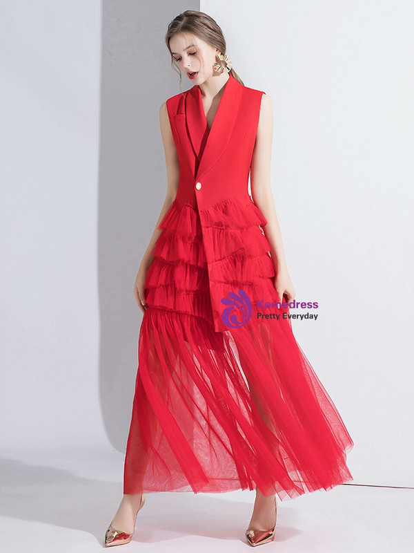 Fashion Red Suit Sleeveless Tulle V-neck Long Evening Dress
