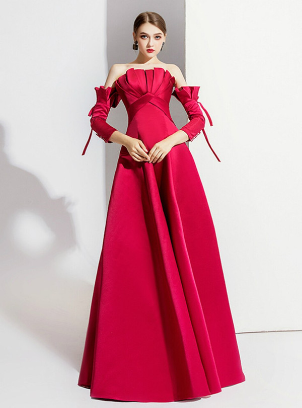 Elegance Red Satin Short Sleeve Off the Shoulder Pleats Prom Dress