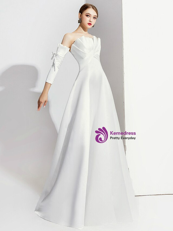 Amazing White Satin Short Sleeve Pleats Off the Shoulder Prom Dress