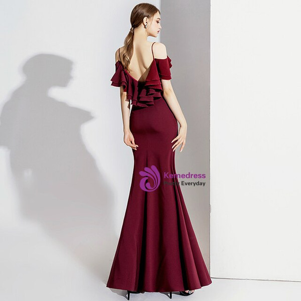 Cheap Burgundy Mermaid Satin Spagehtti Straps Backless Long Prom Dress 