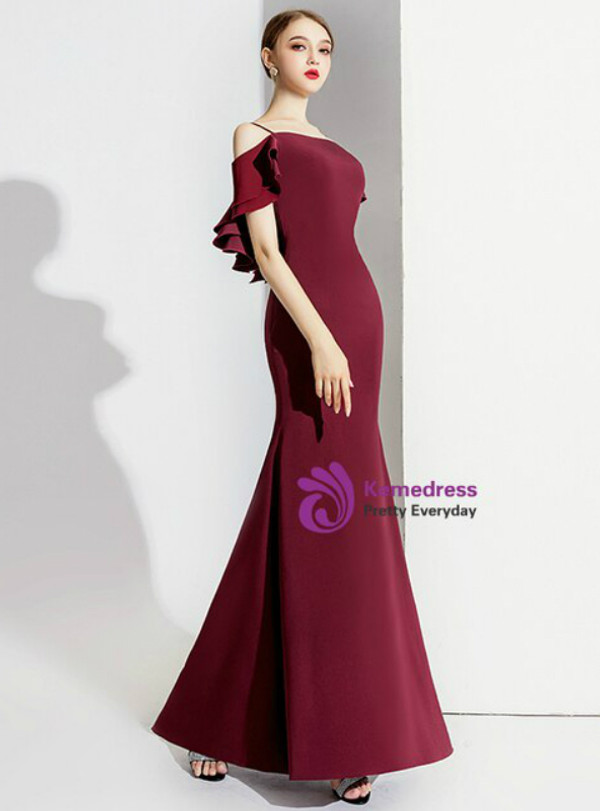 Cheap Burgundy Mermaid Satin Spagehtti Straps Backless Long Prom Dress 