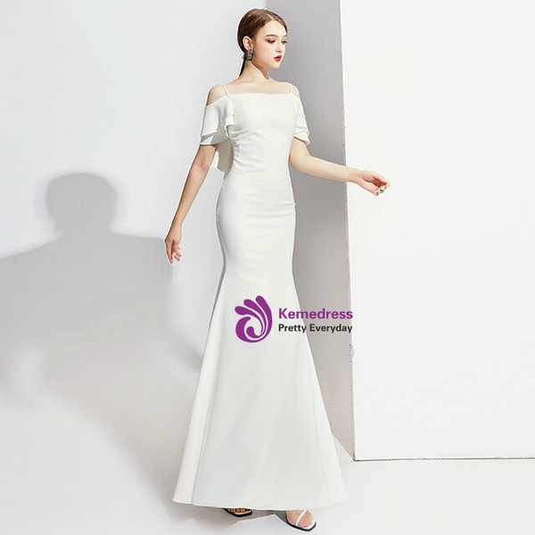 Simple White Mermaid Satin Spagehtti Straps Backless Prom Dress