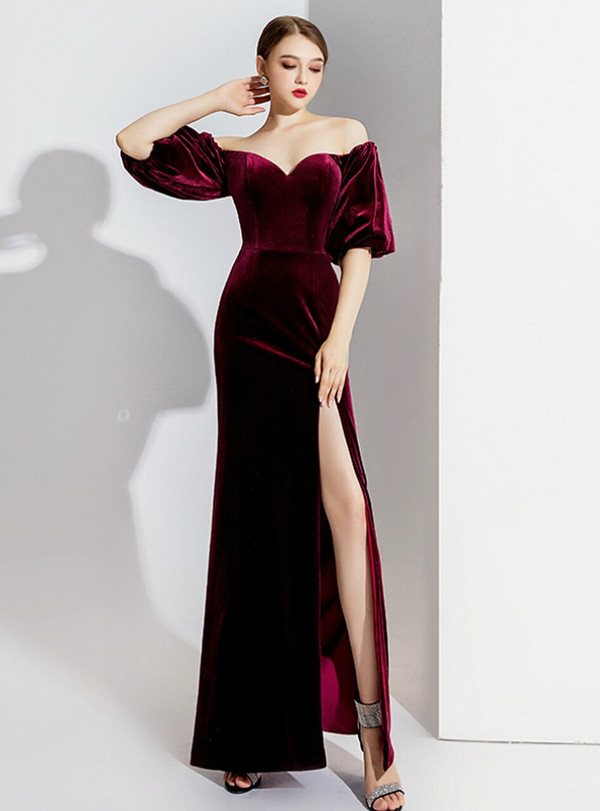 Elegant Burgundy Mermaid Velvet Off the 