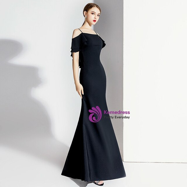 Sexy Black Mermaid Spagehtti Straps Backless Long Prom Dress