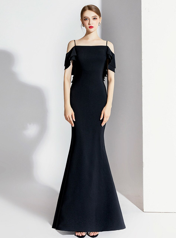 Sexy Black Mermaid Spagehtti Straps Backless Long Prom Dress