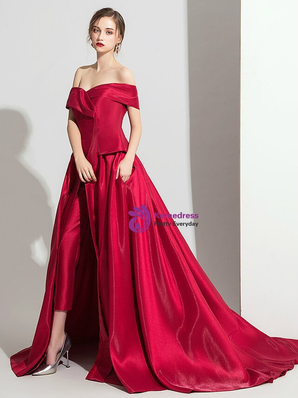 Modern Burgundy Satin Off the Shoulder Trouser Skirt Prom Dress