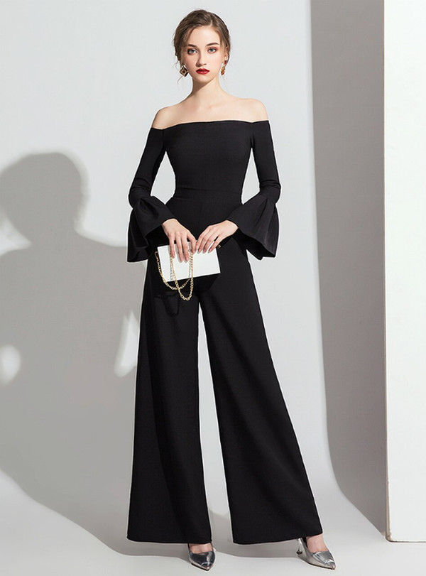 Chic Black Off the Shoulder Long Sleeve Party Jumpsuits