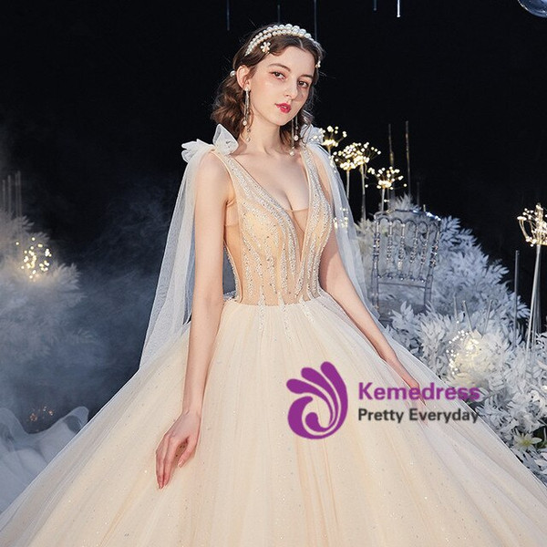 Advanced Champagne Ball Gown V Neck Beading Tulle Long Wedding Dress