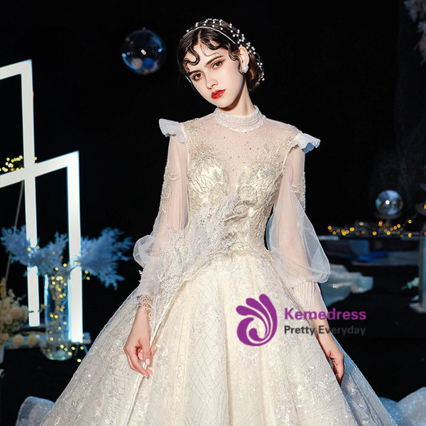 Fairy Tale High Neck Long Sleeves Tulle Sequins Beading Bling Bling Wedding Dress