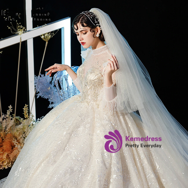 Fairy Tale High Neck Long Sleeves Tulle Sequins Beading Bling Bling Wedding Dress