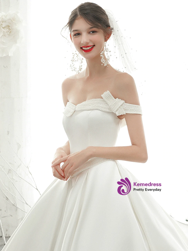 Romantic White Satin Off the Shoulder Pearls Wedding Dress With Train