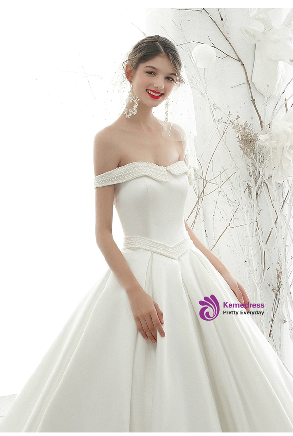 Romantic White Satin Off the Shoulder Pearls Wedding Dress With Train
