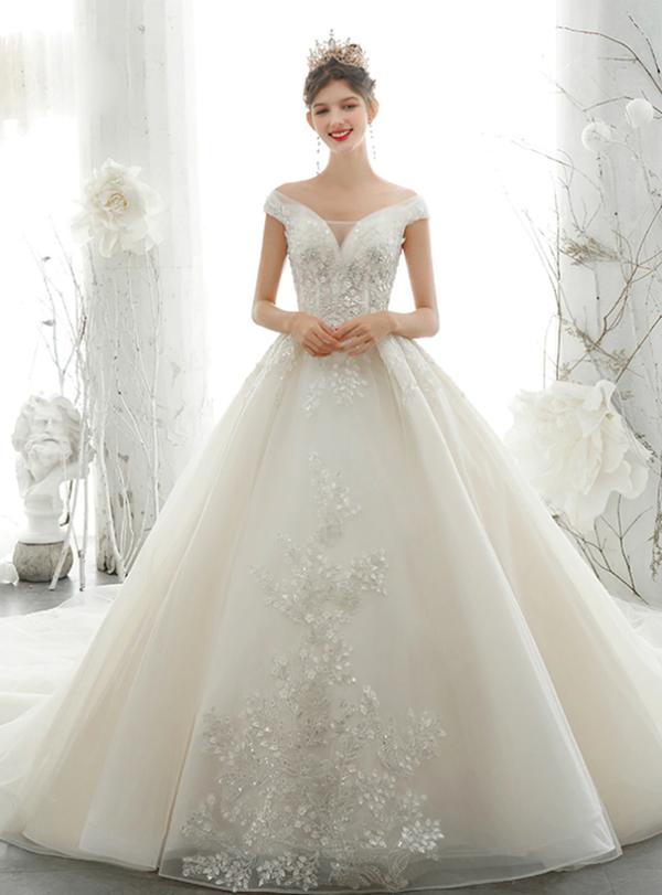 Stylish Champagne Tulle Off the Shoulder Beading Appliques Wedding Dress