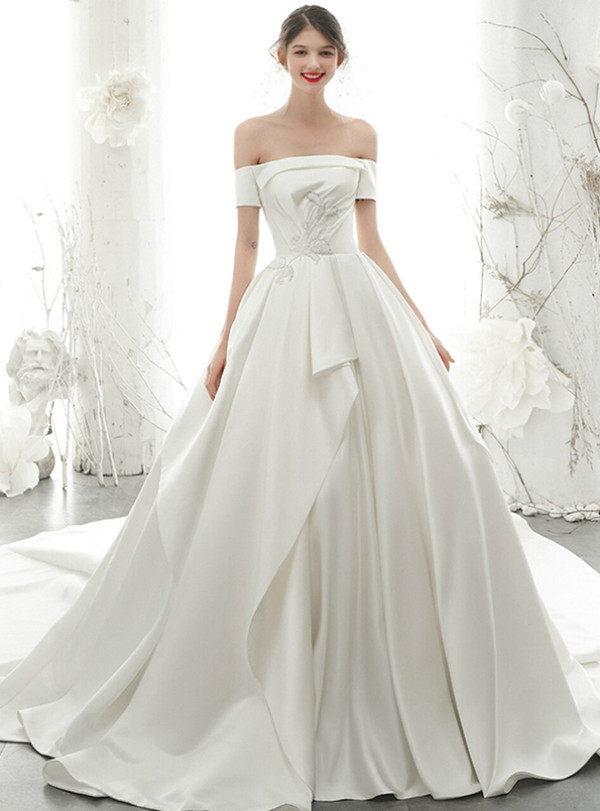 Flattering Satin Off the Shoulder Short Sleeve Beading Wedding Dress With Train