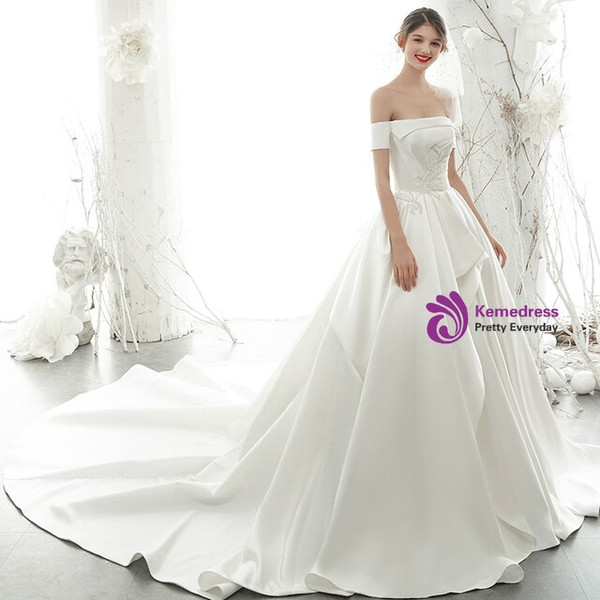 Flattering Satin Off the Shoulder Short Sleeve Beading Wedding Dress With Train