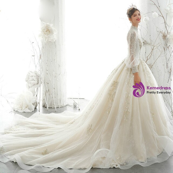 Beautiful Tulle High Neck Backless Long Sleeve Beading Appliques Wedding Dress