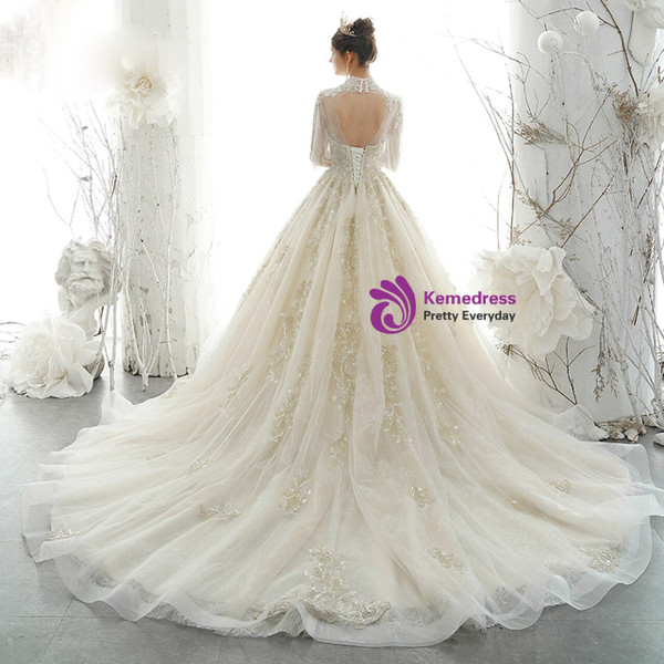 Beautiful Tulle High Neck Backless Long Sleeve Beading Appliques Wedding Dress