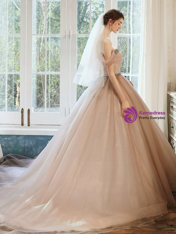 Dreamy Dark Pink Tulle Off the Shoulder Pleats Crystal Wedding Dress