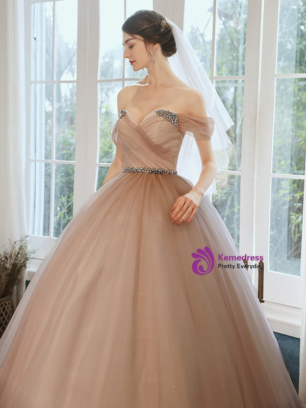 Dreamy Dark Pink Tulle Off the Shoulder Pleats Crystal Wedding Dress