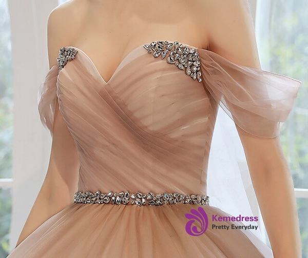 Dreamy Dark Pink Tulle Off the Shoulder Pleats Crystal Wedding Dress