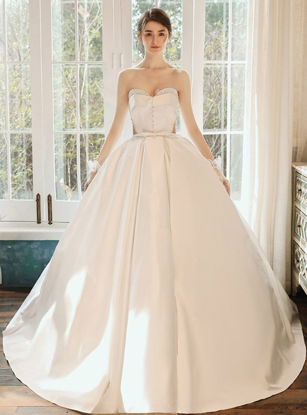 Impressive White Ball Gown Satin Sweetheart Beading Sequins Button Wedding Dress
