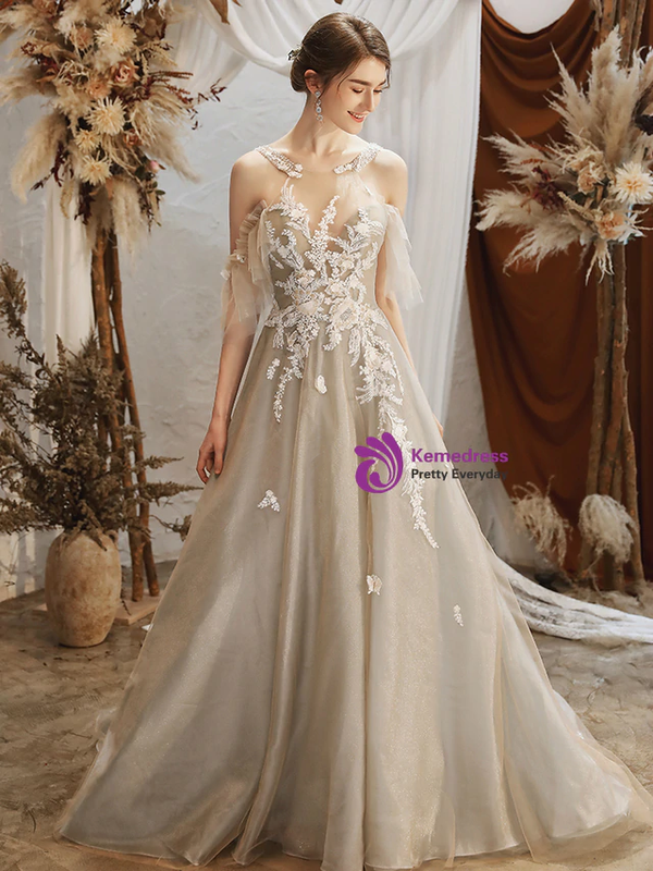 New arrivals Gray Tulle Halter Backless Appliques Bride Wedding Dress