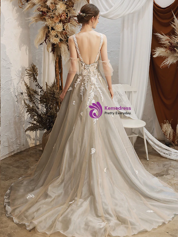 New arrivals Gray Tulle Halter Backless Appliques Bride Wedding Dress