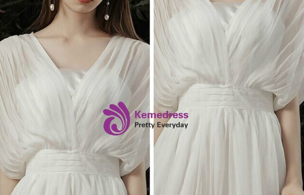 Casual White Chiffon V-neck Pleats Tea Length Beach Simple Wedding Dress