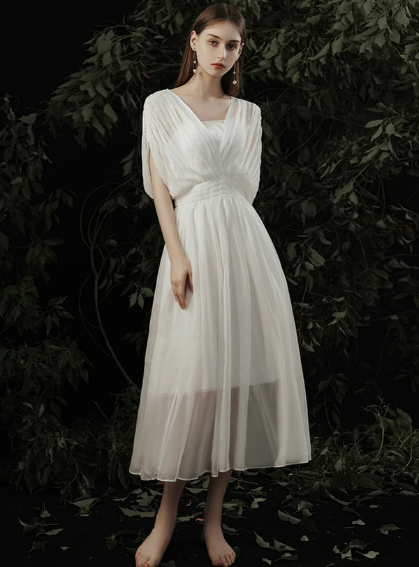 Casual White Chiffon V-neck Pleats Tea Length Beach Simple Wedding Dress