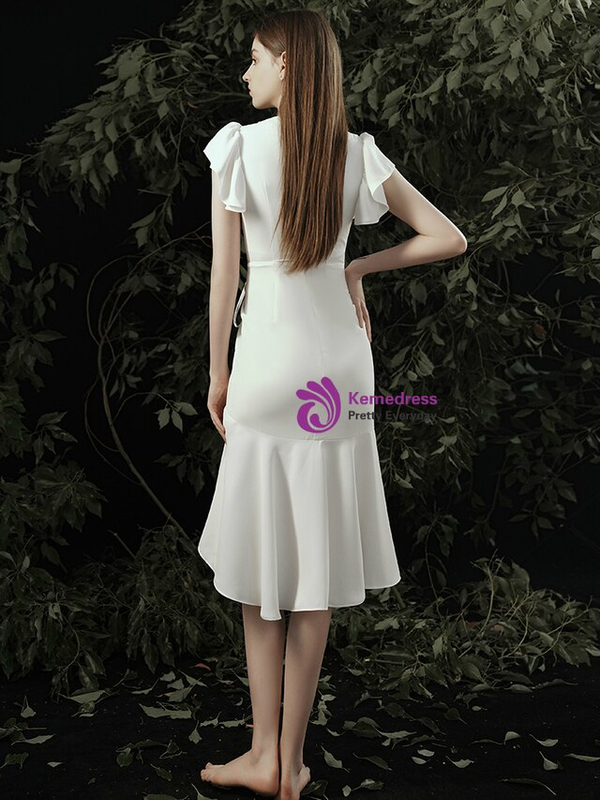 Hot Sale White Sheath V-neck Pleats V-neck Short Beach Wedding Dress