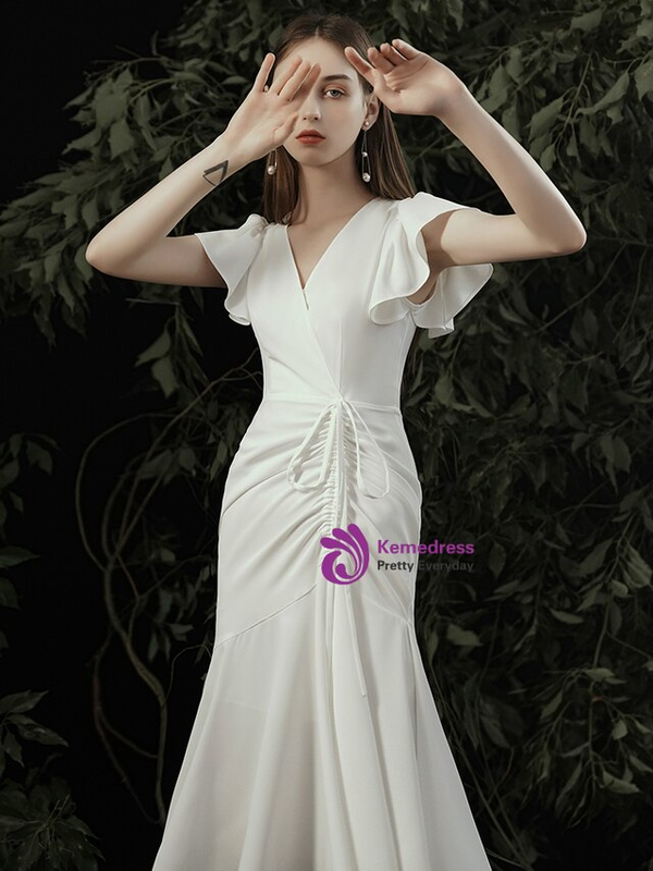 Hot Sale White Sheath V-neck Pleats V-neck Short Beach Wedding Dress