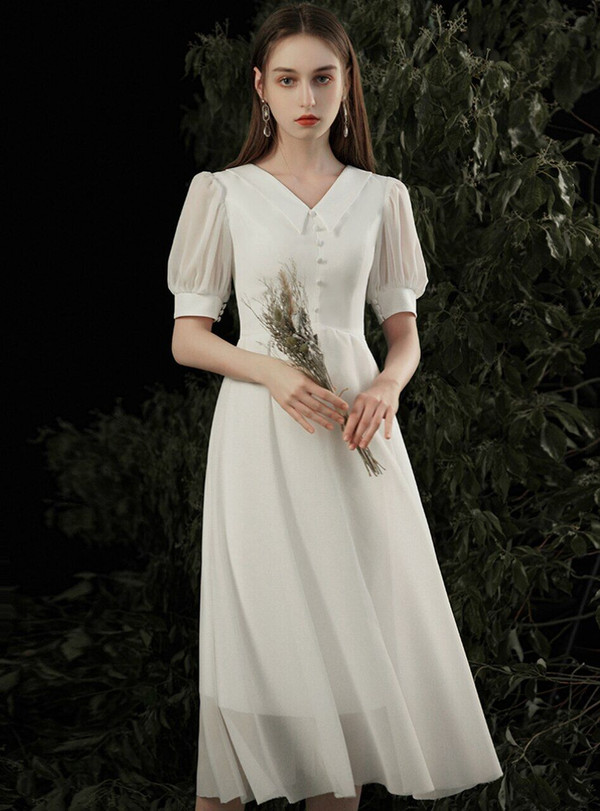 Attractive White Chiffon Puff Sleeve V-neck Tea Length Button Wedding Dress