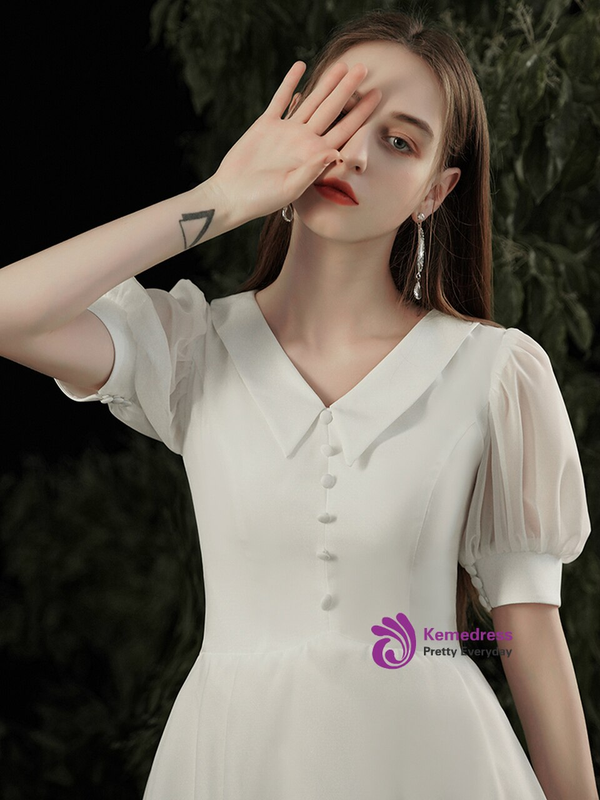 Attractive White Chiffon Puff Sleeve V-neck Tea Length Button Wedding Dress
