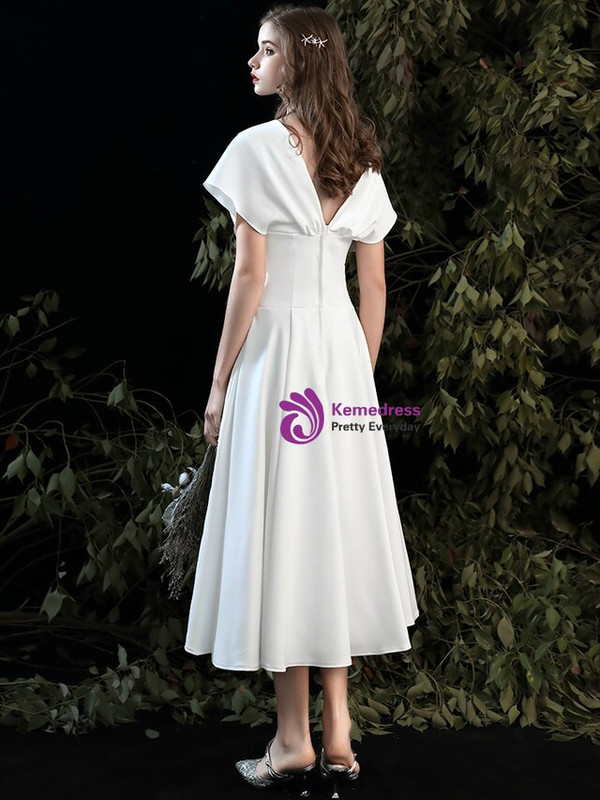 Casual White Satin V-neck Tea Length Short Beach Wedding Dress