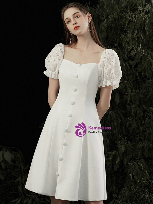 Fabulous White Satin Lace Sleeve Square Knee Length Button Wedding Dress
