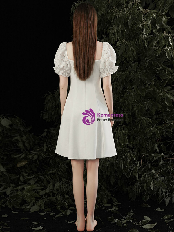 Fabulous White Satin Lace Sleeve Square Knee Length Button Wedding Dress