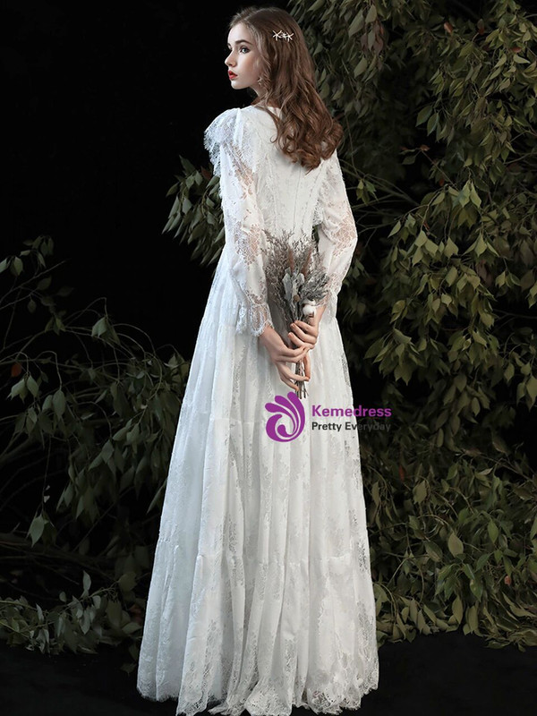 Dreamy White Lace V-neck Long Sleeve Button Beach Wedding Dress