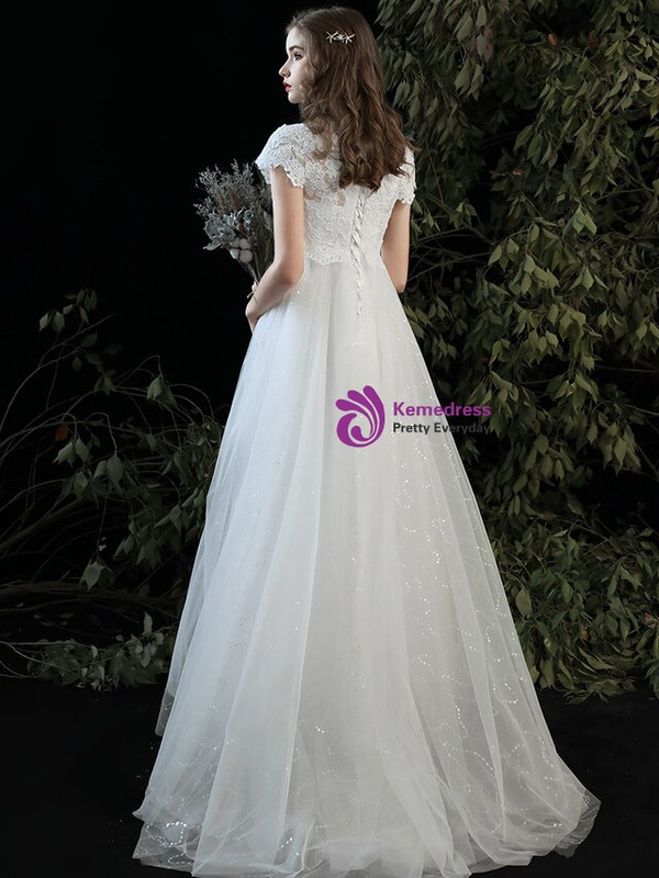 Casual White Tulle Lace High Waist V-neck Cap Sleeve Appliques Wedding Dress