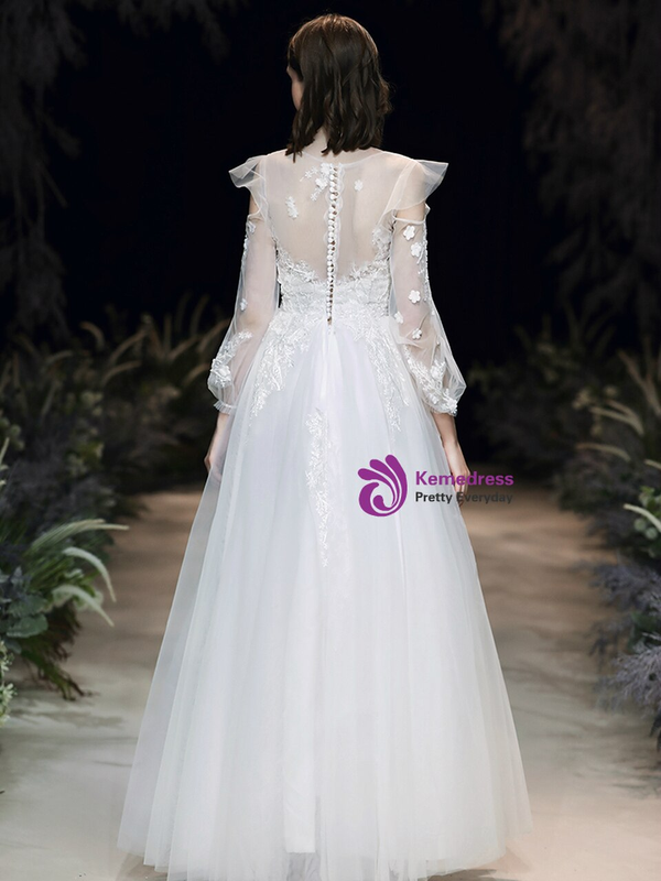 Dazzling White Tulle Long Sleeve Appliques Brides Wedding Dress